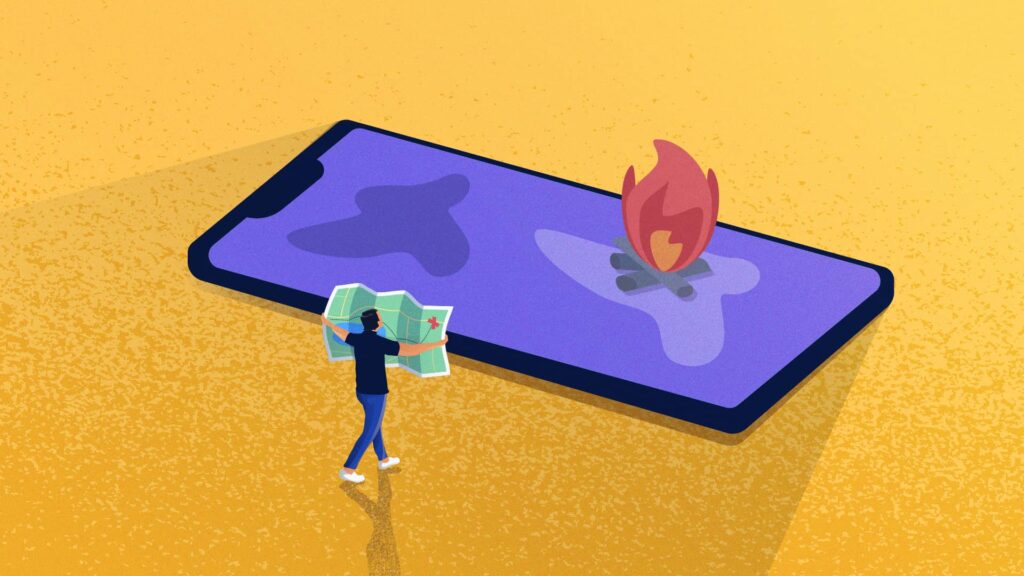 featured image for heatmaps, showing a phone with a fire burning on the screen and a person with a map walking towards it