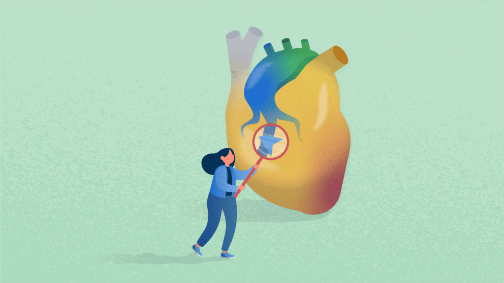 Illustration for Live Heatmaps with a person inspecting a colorful heart that represents a dynamic live heatmap