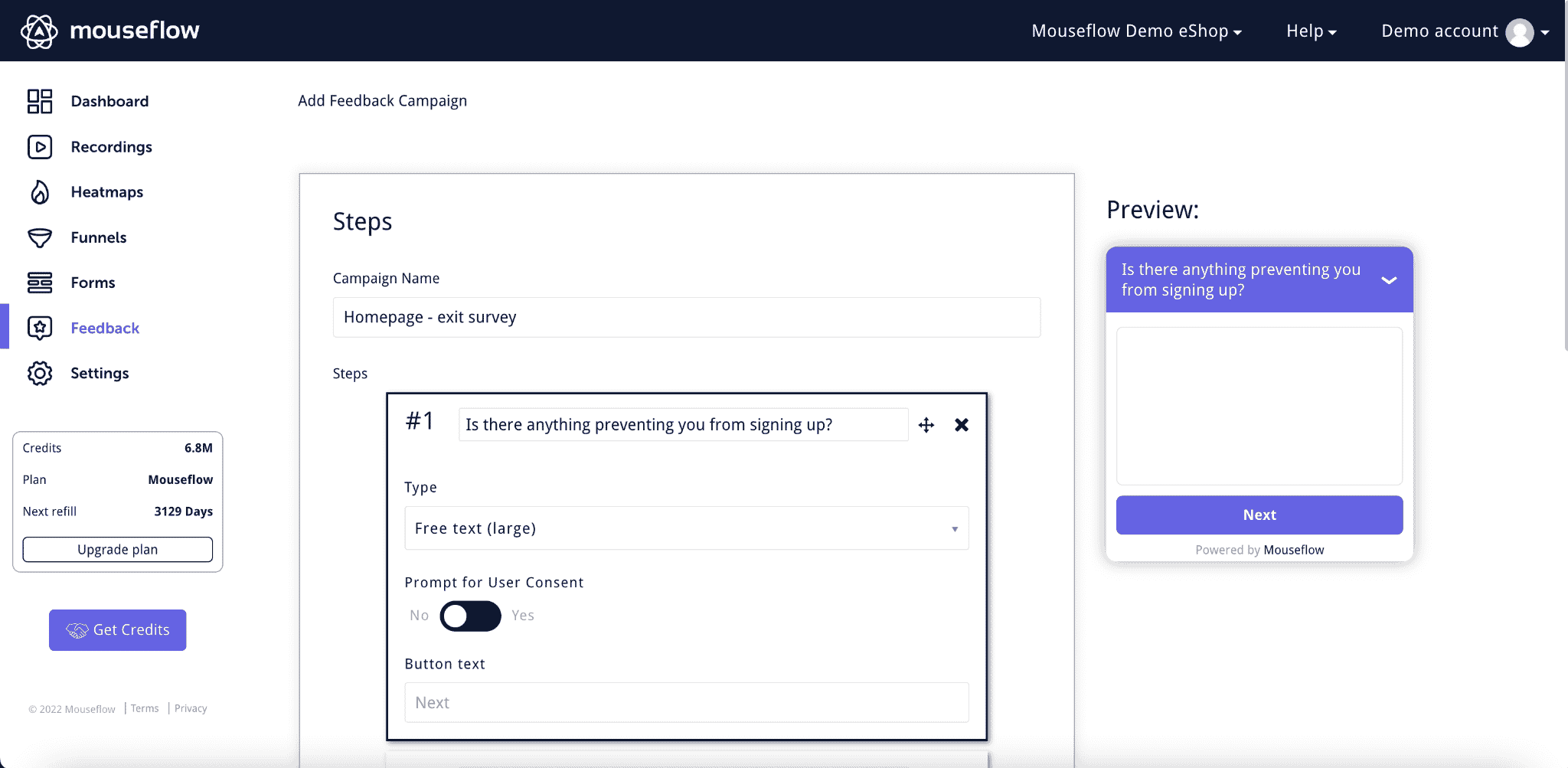 a view at Mouseflow's feedback campaigns builder