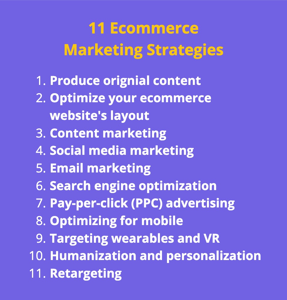 a list of 11 ecommerce marketing strategies that are explained in this blog post