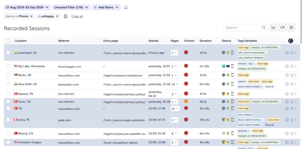 Filtering the list of session replays by mobile and high friction