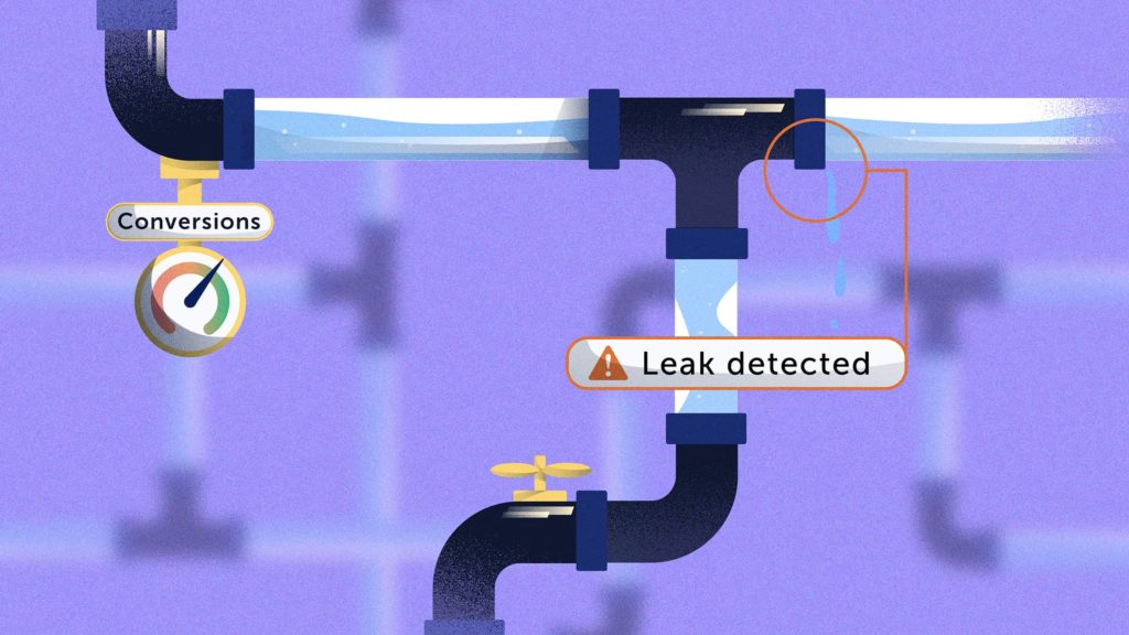 header image for 7 cro tests for ecommerce with immediate ROI. Shows a plumbing installation with a warning sign saying "leak detected" that is a metaphor for leaking funnels in eCommerce