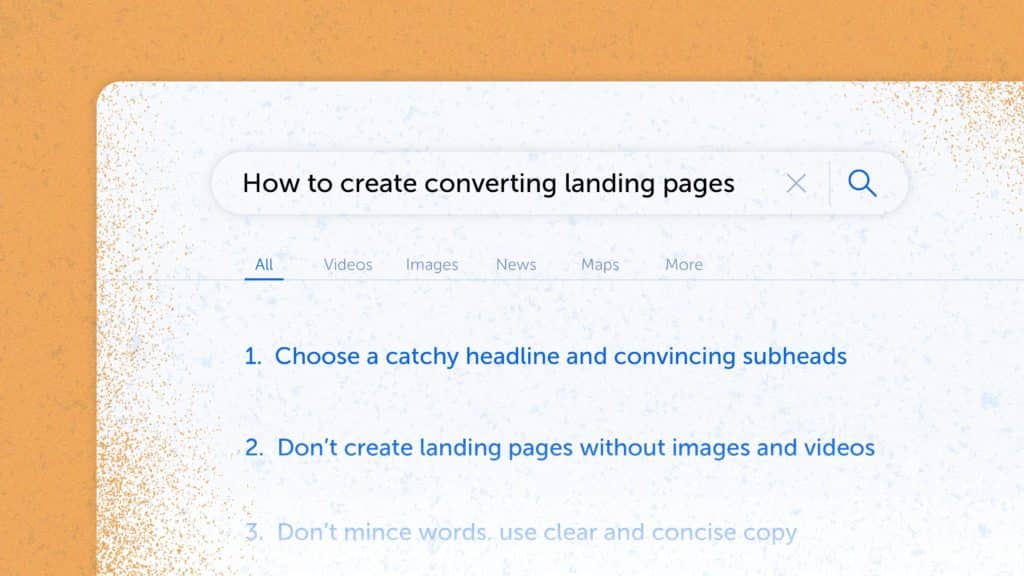 a drawing of a search engine search result page with suggestions for prompt "How to create converting landing pages"