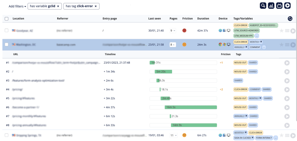 Filtering session recordings from Google Ads with click-errors