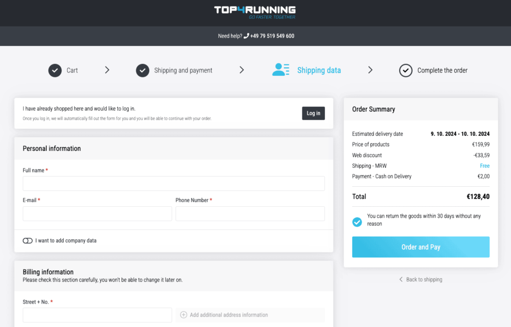 Running gear shop Top4Running offers guest checkout by default with a clearly visible option to log in at the top