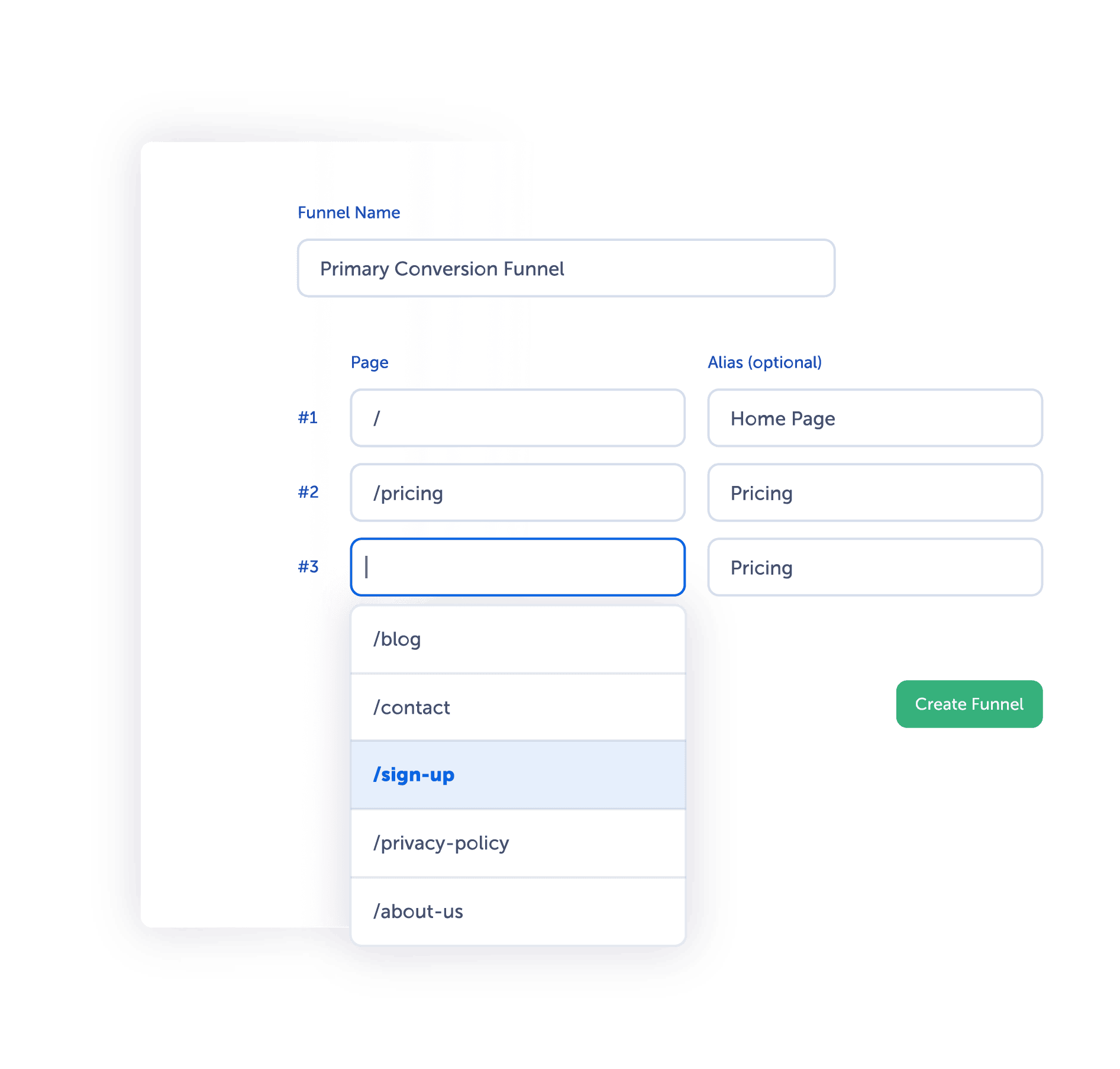 A screen showing the creation of a funnel that you want to track - the example shows the funnel from home page to pricing page to sign-up.