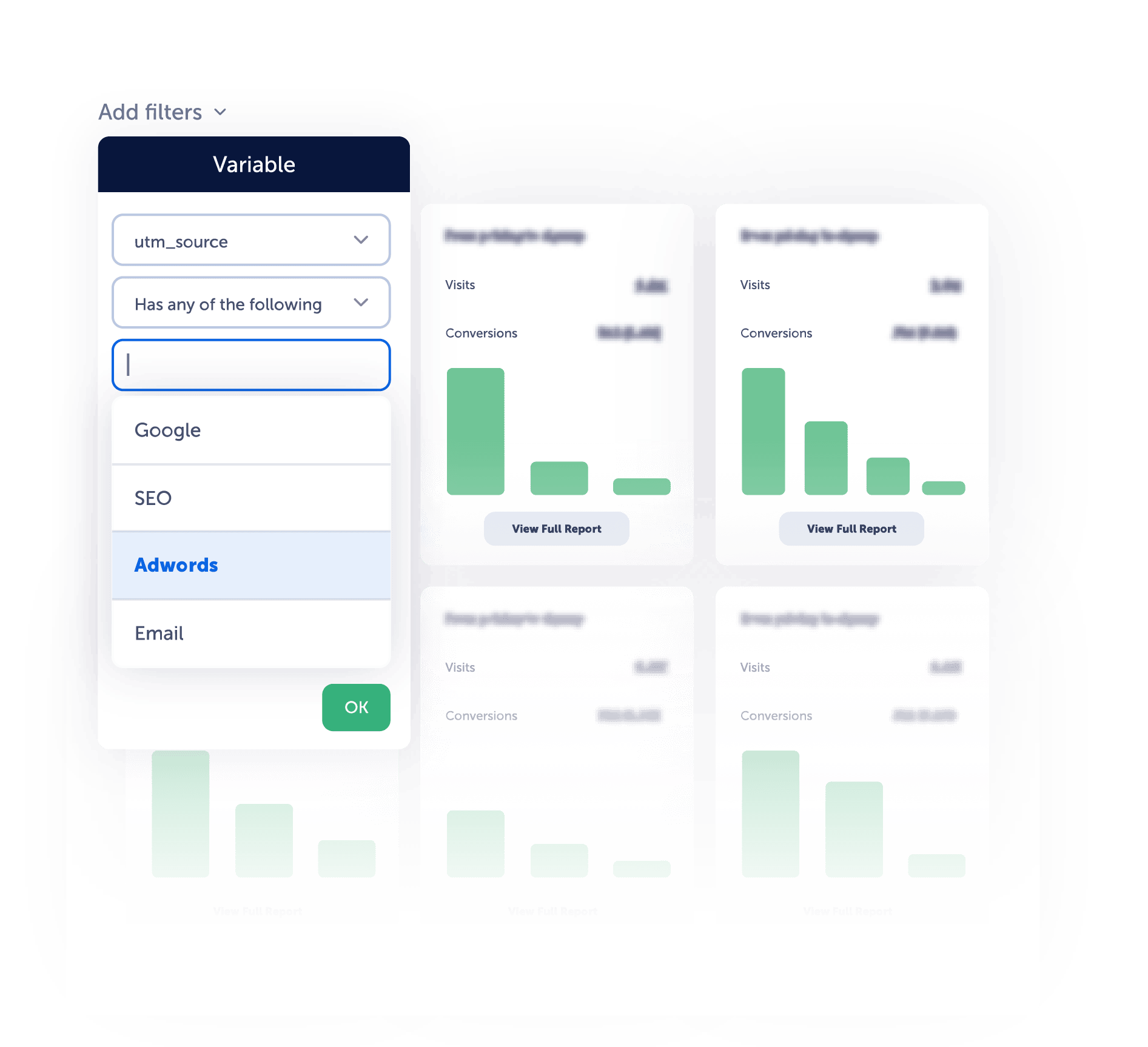 A grid view of different funnels tracked through Mouseflow and a dropdown showing the many customizable filtering options.