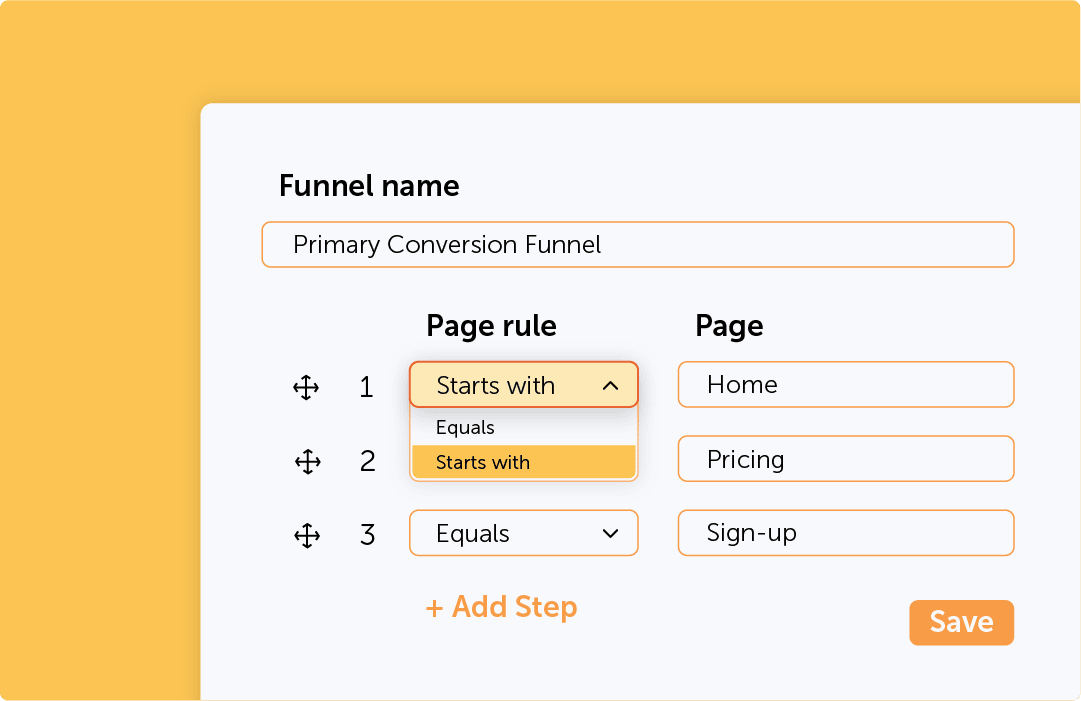 A screen showing the creation of a funnel that you want to track - the example shows the funnel from home page to pricing page to sign-up.