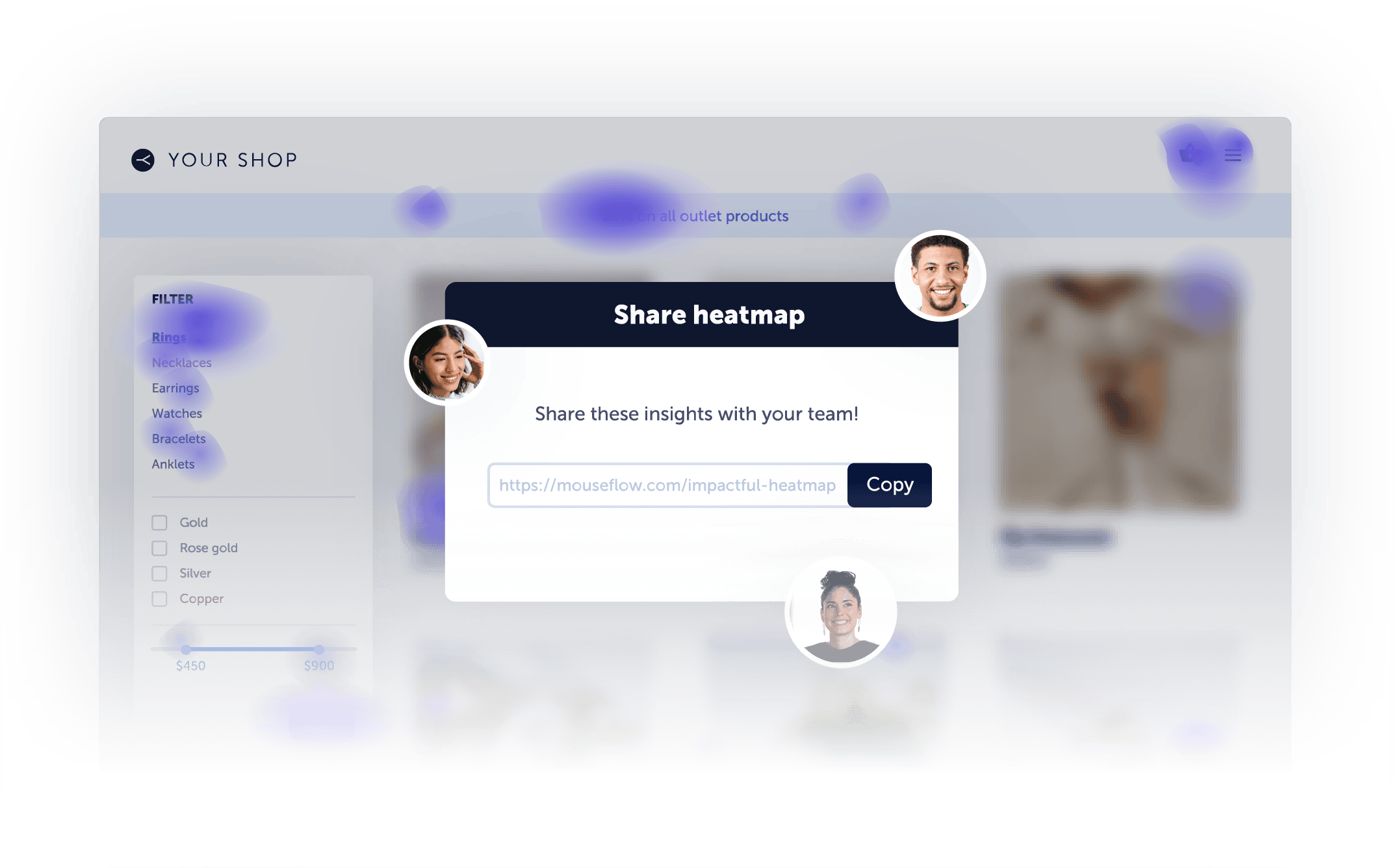 A screen showcasing the possibility of sharing heatmaps with your team and colleagues.