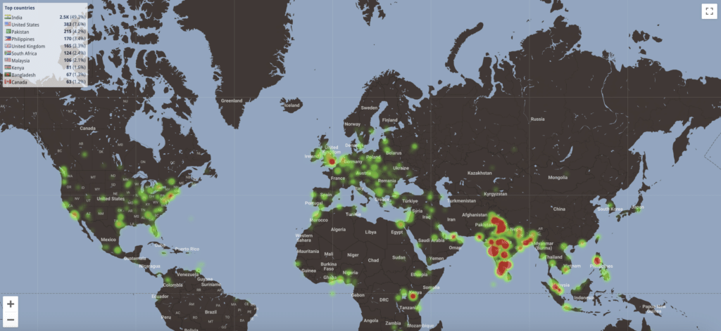 A geographical heatmap for one of Mouseflow's blog posts.