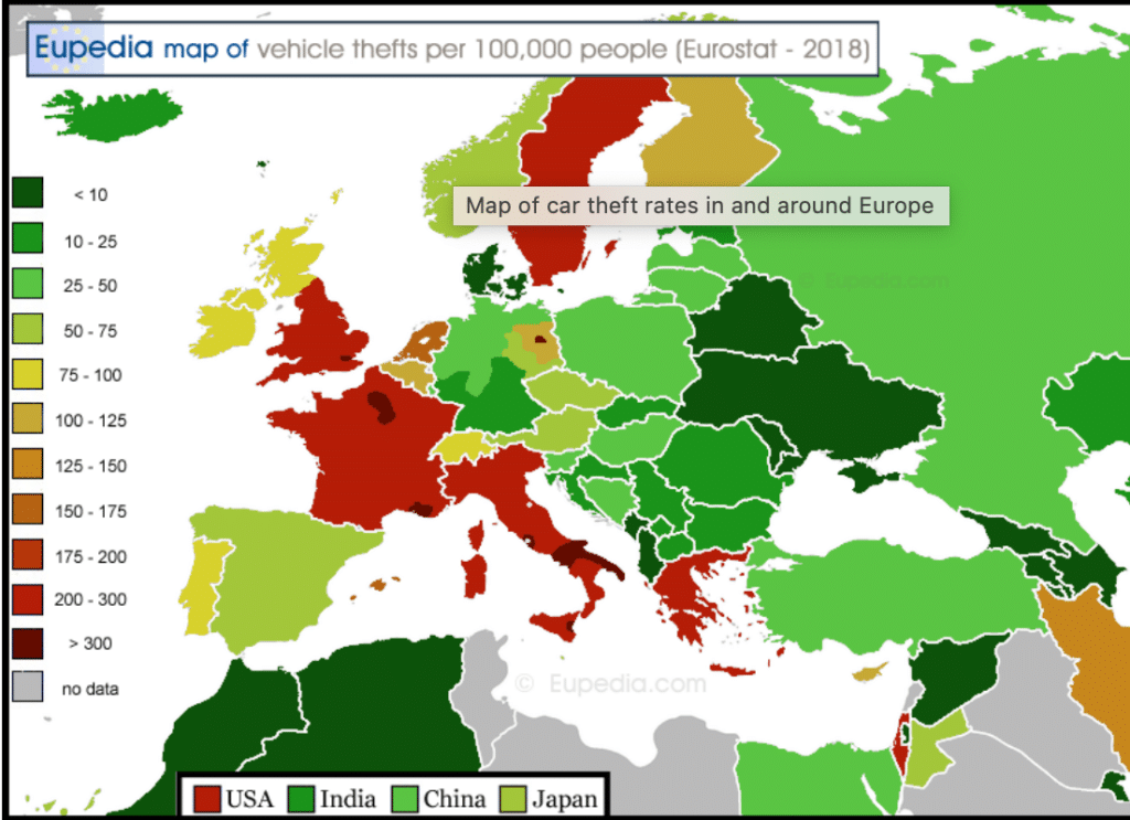 This geographical heatmap shows the amount of vehicle thefts per 100,000 people in different regions. Here, dark red represents the highest values, while dark green – the lowest. Source
