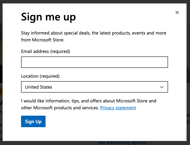 A form on Microsoft’s US website for updates on special deals is as short as possible: just two fields (one of them pre-filled) are enough at this stage of the users’ journey