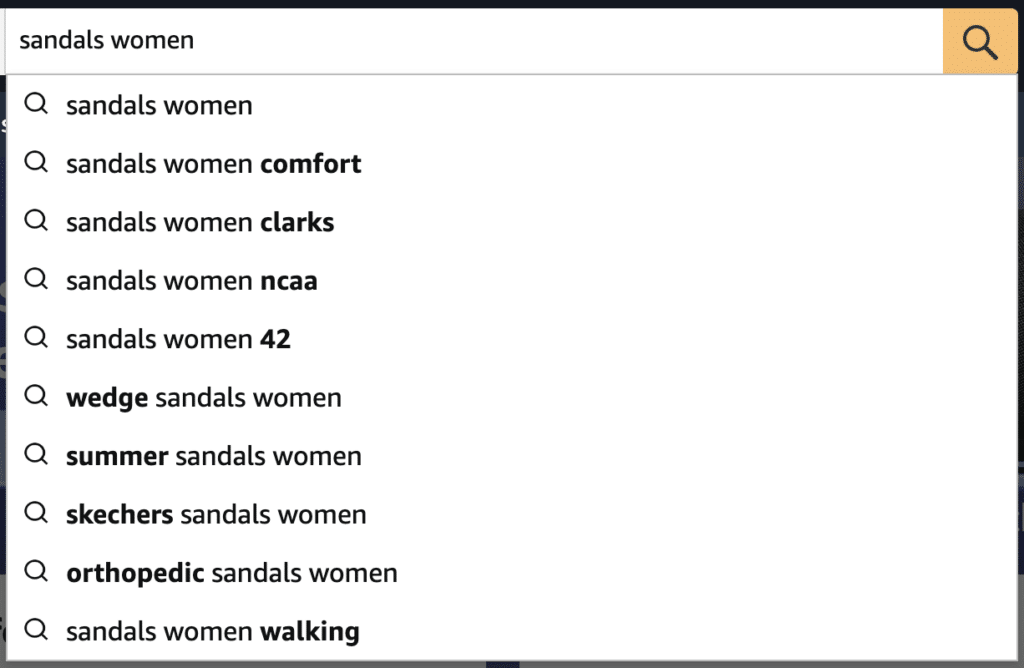 an example of Amazon's suggestions: after typing "sandals women" you get suggestions for "sandals women comfort" or "summer sandals women" for example.