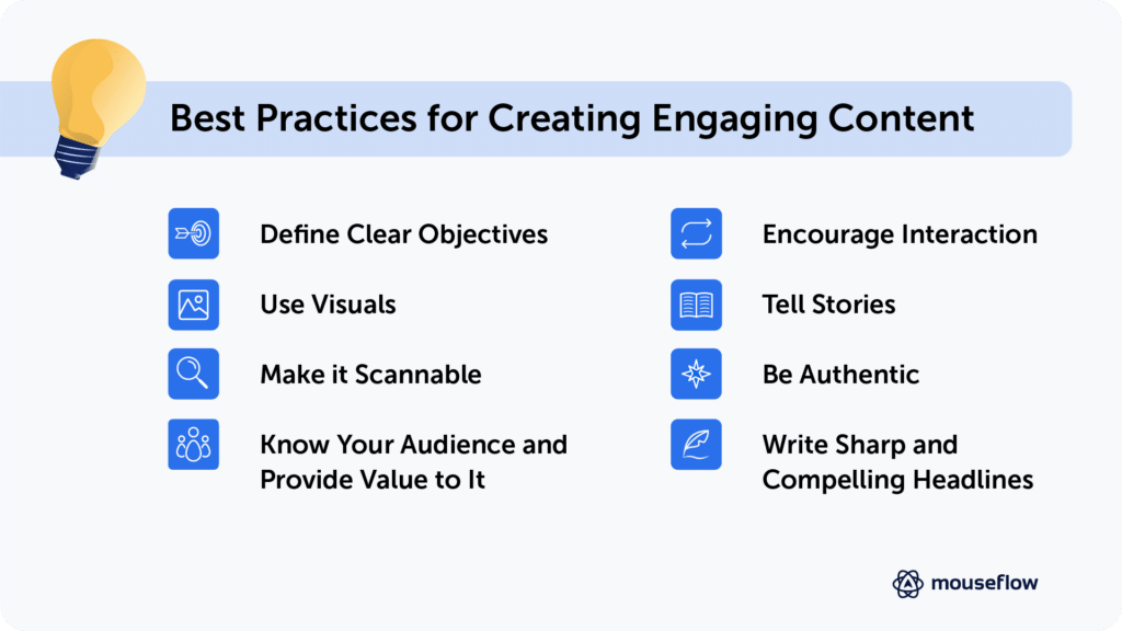 A list of best practices for creating engaging content (it would be presented as text below in more detail)
