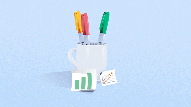 An image to illustrate content engagement depicting a cup with several colored pens and a couple of paper notes with diagrams laying next to it