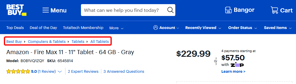 Example: With so many categories, subcategories, and items to sell, Best Buy’s website would be very confusing without breadcrumbs. In this photo, we circled the breadcrumbs in red. Source: BestBuy