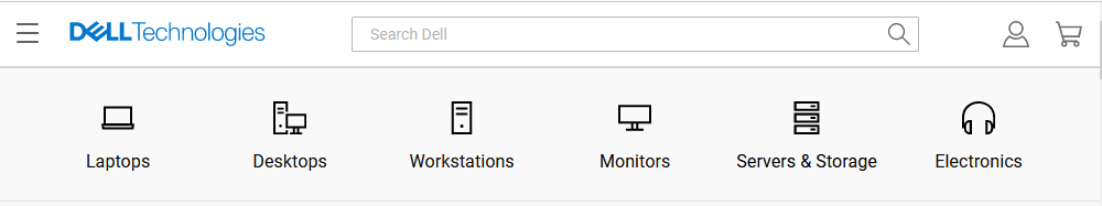 Example: Dell’s website showcases parent categories with elegant icons inside an horizontal menu. Note, that a horizontal menu in this case also incorporates a huge search field and icons to access the cart and the user’s account. Source: Dell