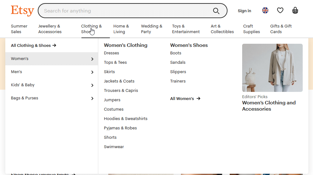 Example: Etsy offers an impressive assortment of subcategories for each parent category on a mega menu. To avoid overwhelming the user, the layout is clean and organized into lists. Source: Etsy