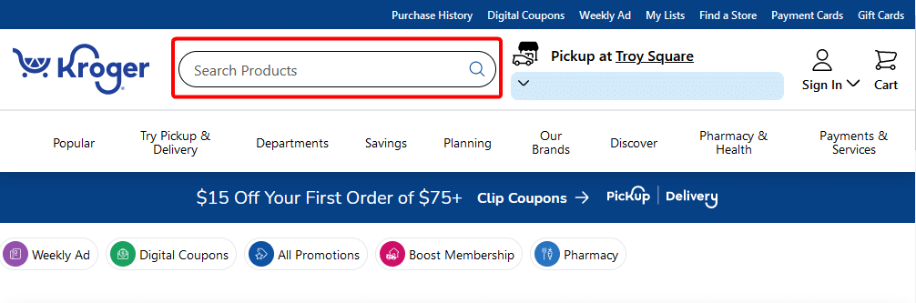 Example: Kroger places the display bar in a premium position, next to the logo. They use a common technique: the placeholder text (here, “Search Products”) that instructs the user on how to use this particular element. Source: Kroger