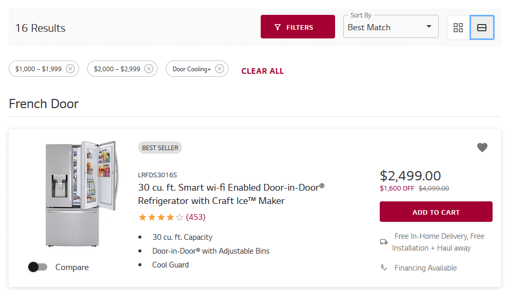 Example: LG’s online store showcases a very clean example of a filter with multiple parameters (here, with a price range and a feature) as well as sorting (here, by “Best Match”). Source: LG