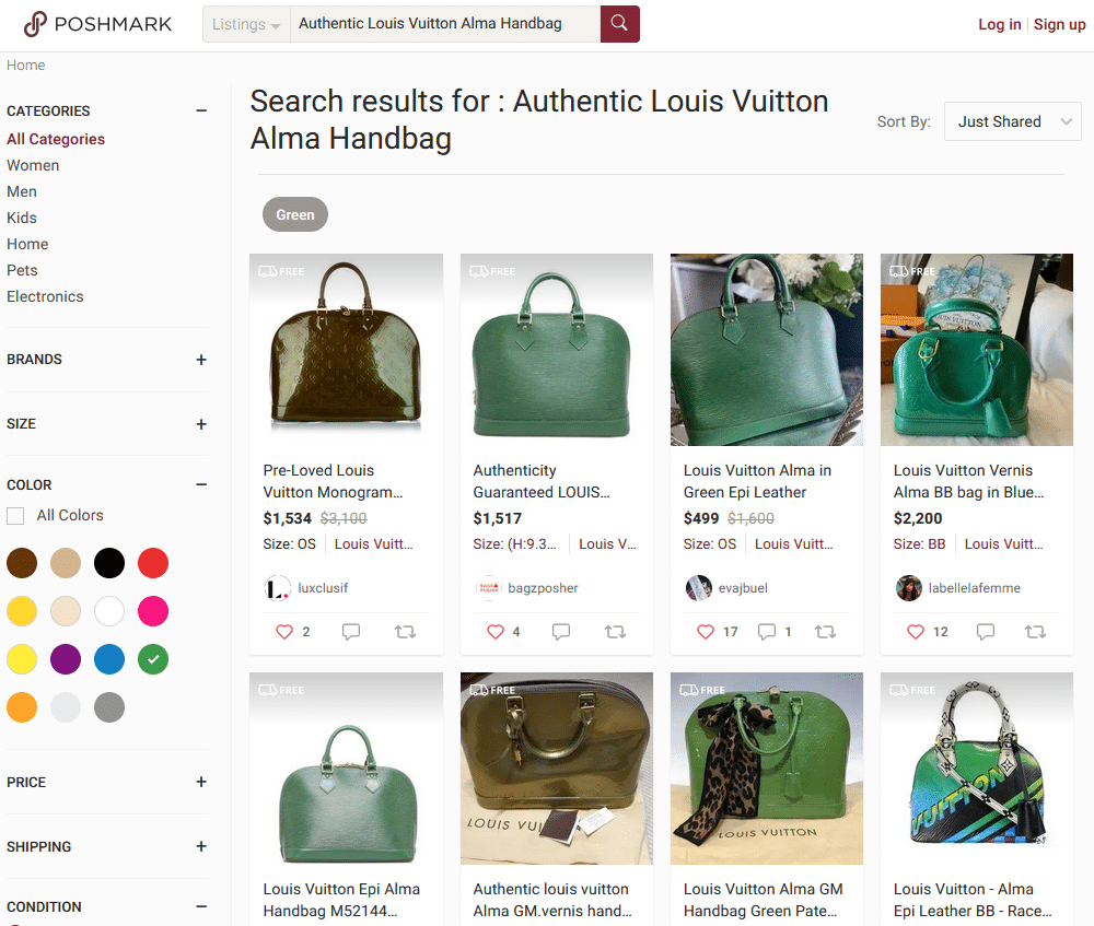 Example: This Poshmark search includes only bags with the label “Green”. It shows how labels can help refine searches in very specific conditions. Source: Poshmark