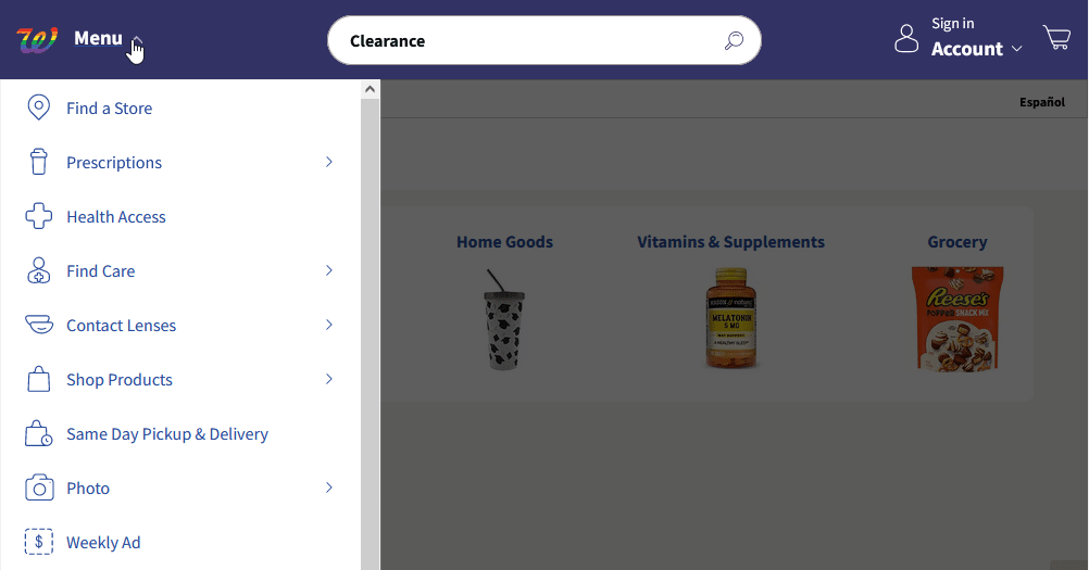 Example: Walgreens uses a long vertical menu. Certain categories (marked with an > icon) can be expanded to reveal subcategories within. Source: Walgreens