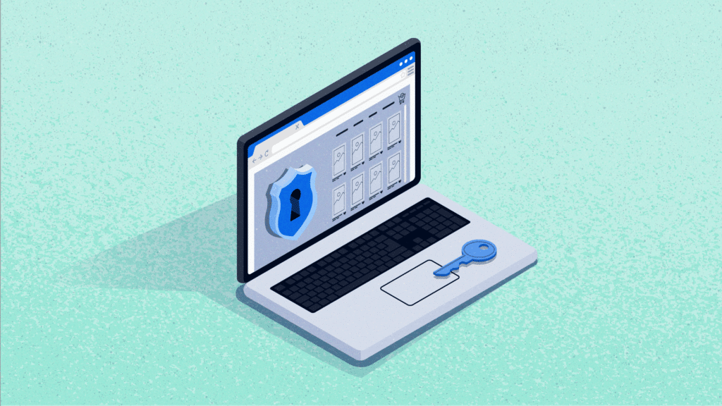 Data Privacy in eCommerce: Kameleoon and Mouseflow about how Data Privacy Regulations impact A/B testing. The image depicts a laptop with a key around the touchpad area and a lock on the screen. Near the lock, several items are listed that represent different local data protection laws