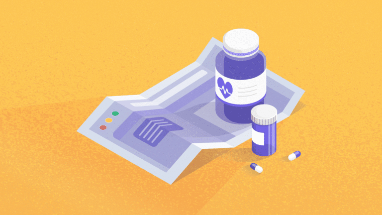 Header Illustration for Why UX Matters on Pharma Websites blog post by Mouseflow. Depicting two bottles with pills standing on top of the folded piece of paper with something that looks like a website screenshot.