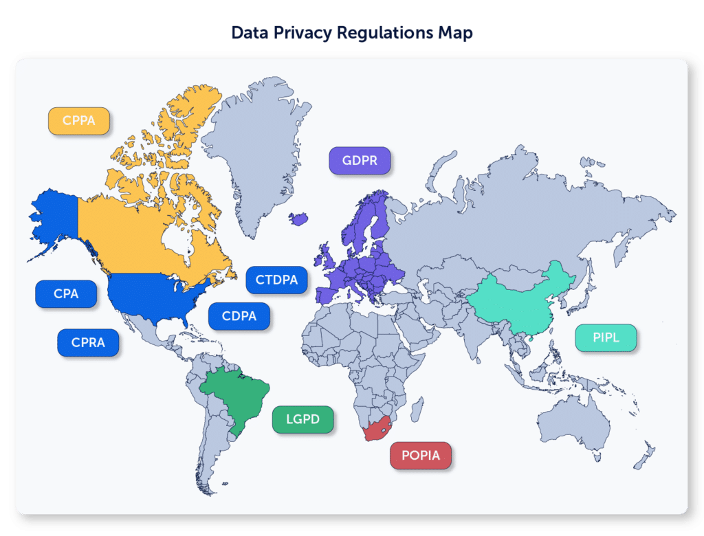 Data Privacy Regulations Map. The image depicts a world map with different countries painted different colors, and relevant data protection initiatives named next to them: GDPR near Europe, CCPA and other near the US, POPIA next to South Africa, etc.