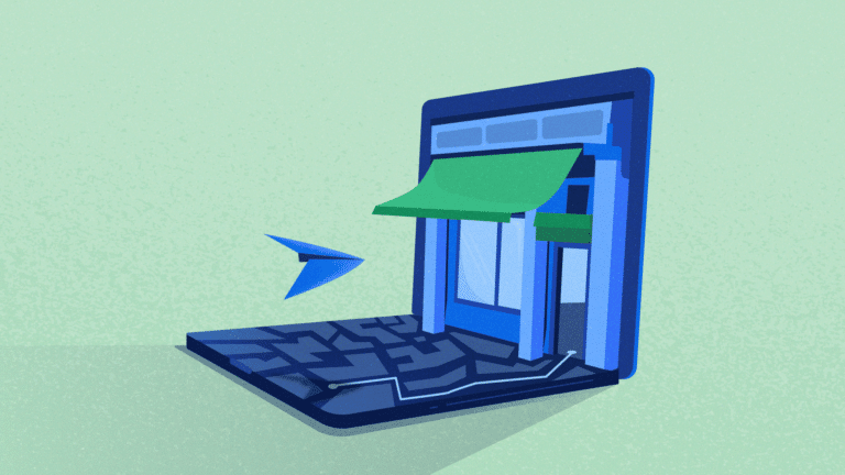 Featured image for eCommerce Website Navigation and Information Architecture post, depicting a laptop with a stylized store, and a paper plane finding it's way to the doors of the store through a maze