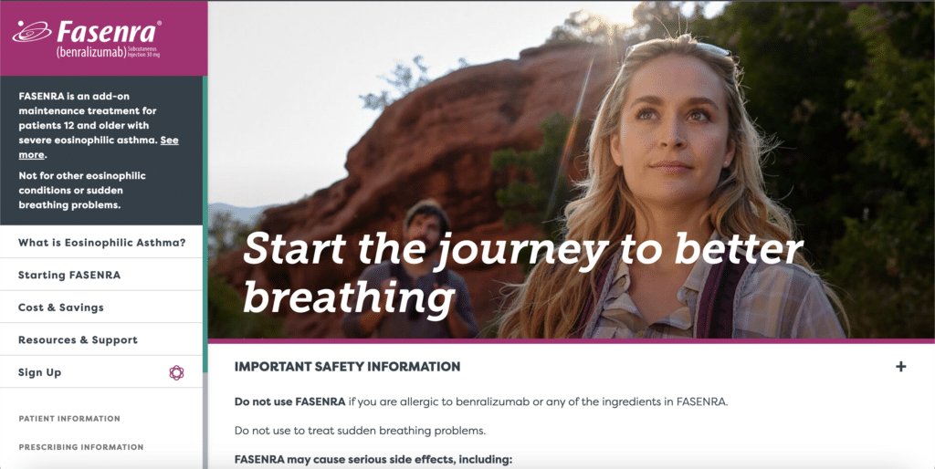 AstraZeneca’s Fasenra website for patients. Notice how AstraZeneca puts two most important pieces of information – what is Fasenra and the important safety information – above the fold, clearly visible for the visitor once they open the website.