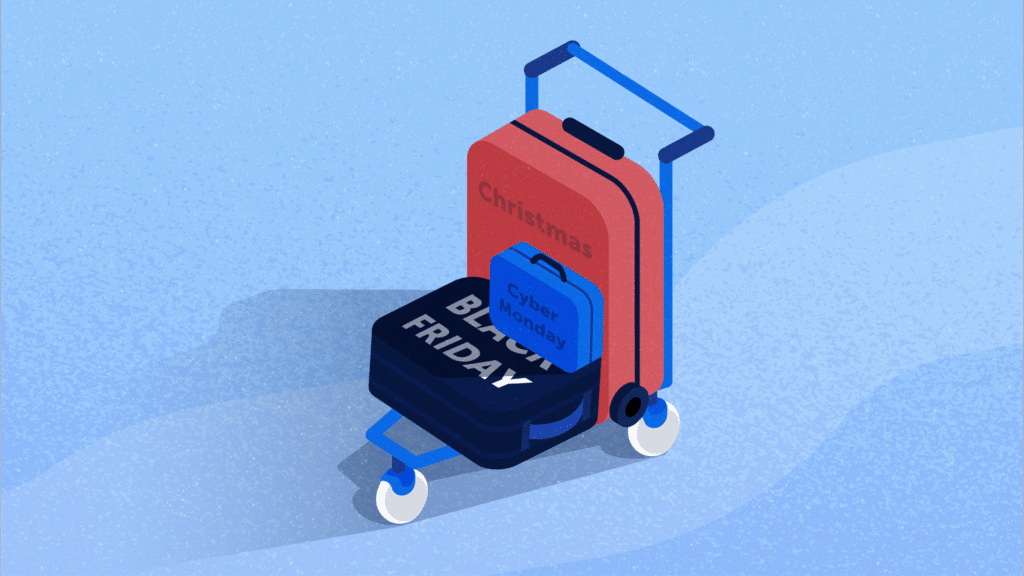 Holiday Preparation Guide for eCommerce Featured Image: depicts a cart with 3 suitcases on top, with inscriptions "Chirstmas", "Black Friday", and "Cyber Monday" on respective suitcases