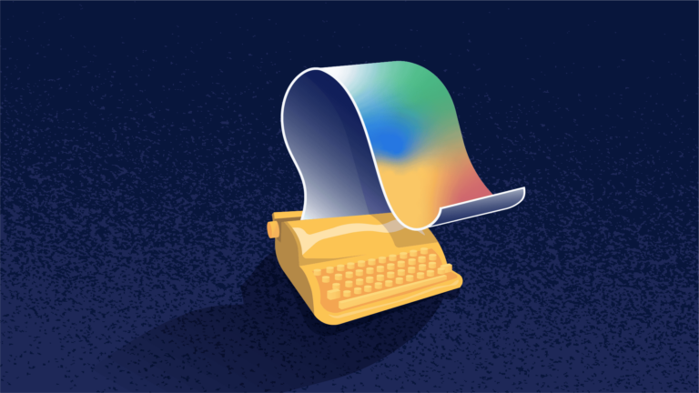 A featured illustration for Improving Readability with Attention Heatmaps blog post, showcasing a typewriter and long rainbow-colored paper flowing out of it, that is somewhat similar to an attention heatmap