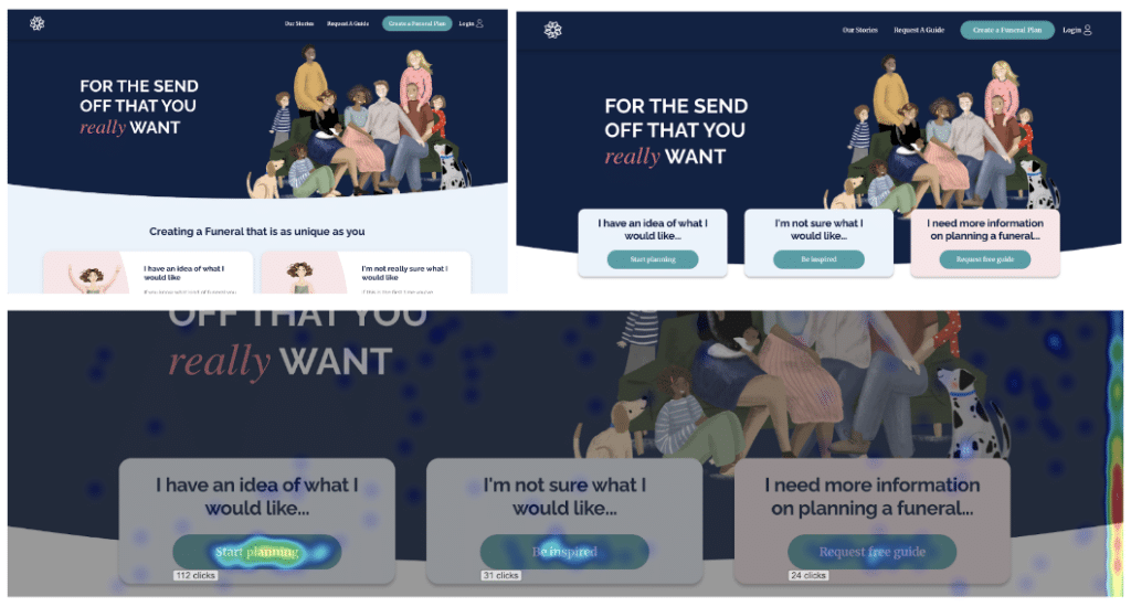 Dignity's Funeral Plan Website before (on the left) and after (on the right), with a click heatmap below showing how clicks are focused on the new CTAs