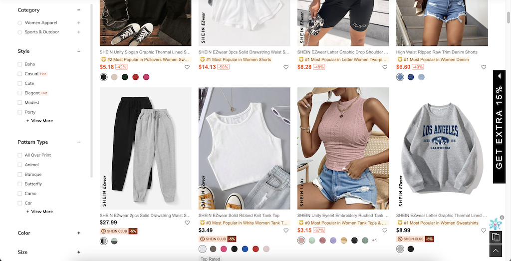 Screenshot from Shein's website showing a product category page
