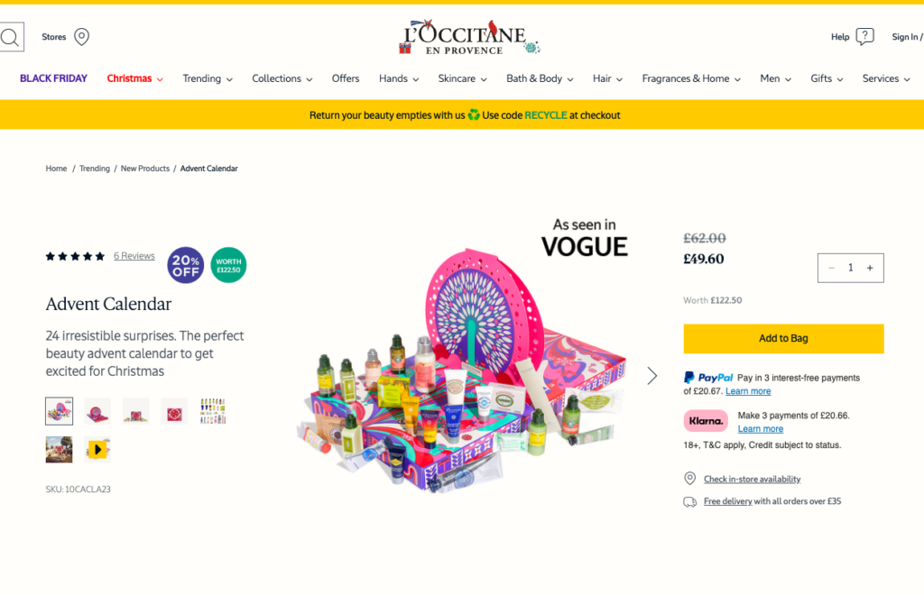 Screenshot from L'Occitane's website showcasing a product bundle (advent calendar)