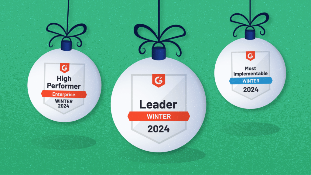 Header Image for G2 Winter Reports 2024, highlighting some of the badges on Christmas tree decoration balls