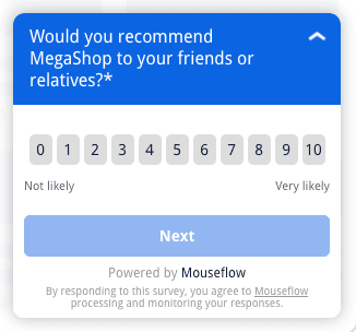 Example of an NPS survey with Mouseflow's feedback survey tool