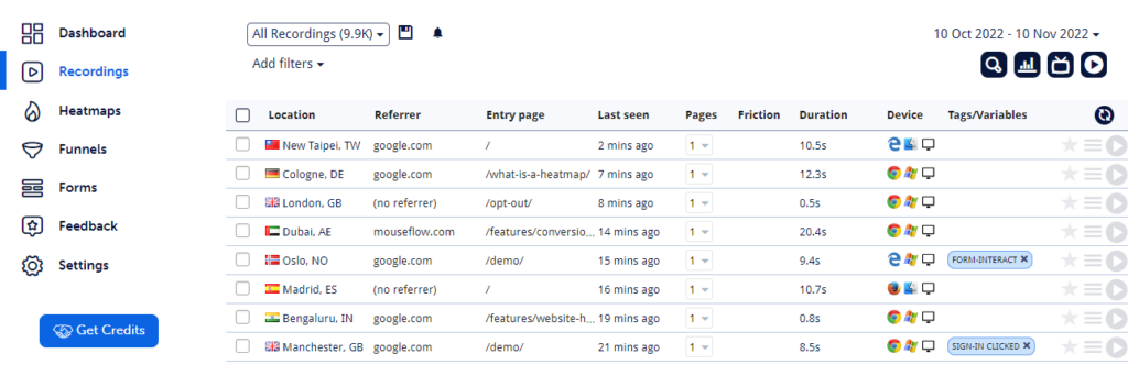 Mouseflow list of session recordings