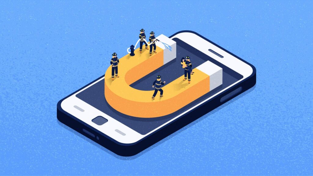 Header image for Fighting Churn with UX depicting a smartphone with a magnet on it that attracts small human figures
