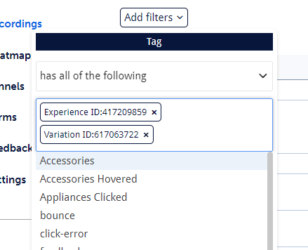 Filtering Session recordings by experience ID and variation to analyze segmented data
