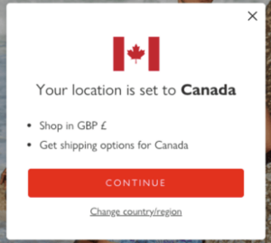 Redesigned location popup in Derek Rose's Shopify store