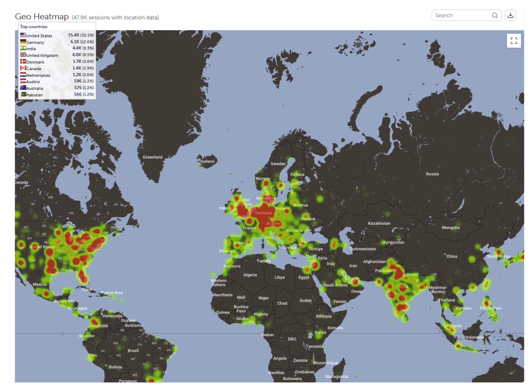 Beispiel einer Geo-Heatmap von Mouseflow
