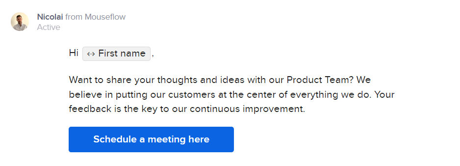 Screenshot of a message offering to participate in customer interviews sent by Mouseflow employee over Intercom