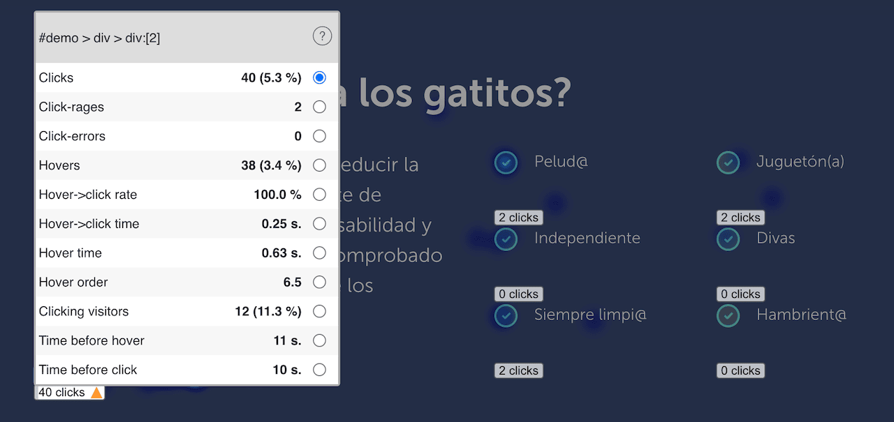 Mouseflow screenshot with additional data that a heatmap can give you when you hover over something