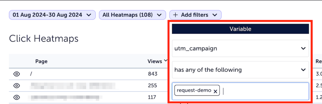 Filtering heatmaps by UTM campaign parameter