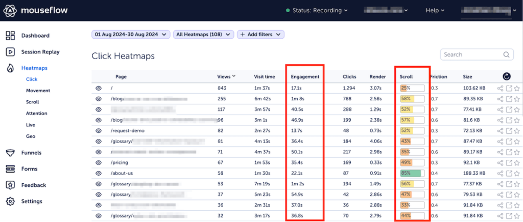 Tracking engagement time and scroll depth with Mouseflow