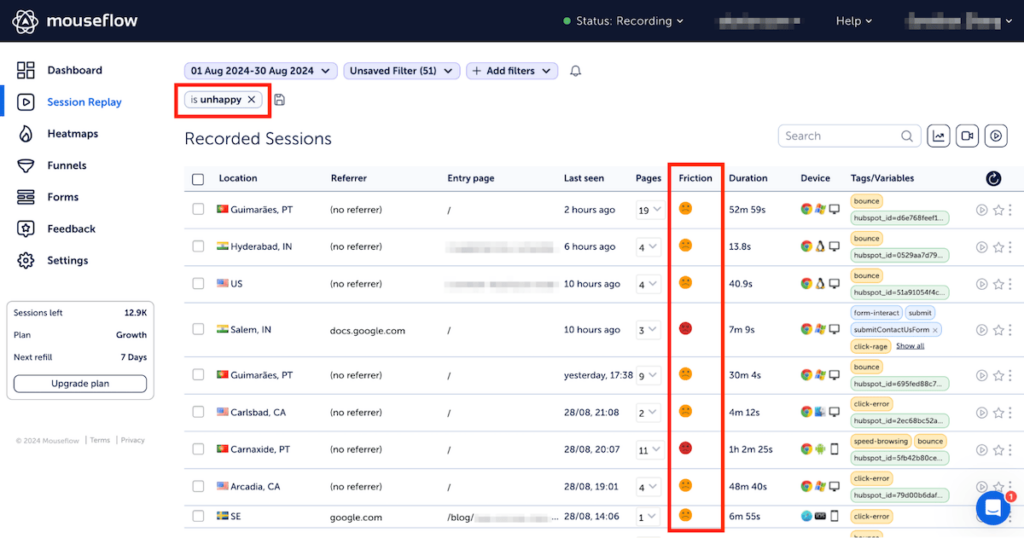 List of sessions in Mouseflow filtered by friction, showing sessions from unhappy users