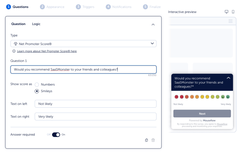 Mouseflow user feedback survey builder screenshot with an NPS survey