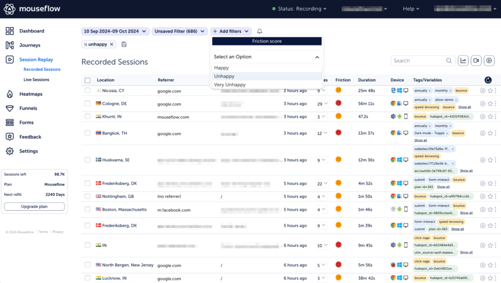 Mouseflow session list with high friction